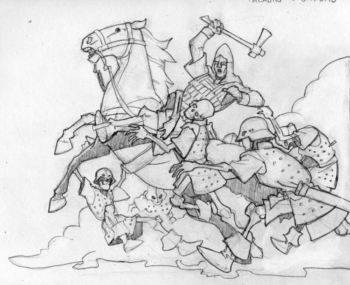 Slightly cleaned up recent sketches. Fanart of a campy lich lord and the undead attacking a paladin 