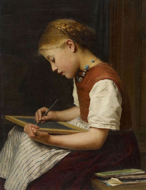 artist-anker:Schoolgirl doing homework, 1879, Albert AnkerMedium: oil,canvas