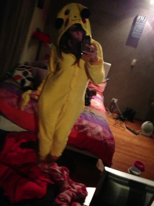 mylittleblackandwhitelies:  Soooooo I have a pikachu onesie. You think anyone wants a roundhouse kick to the face in this bad boy? NOPE! hahahah  This is just all kinds of cute…and what better day to reblog it than on Pajama Saturday?