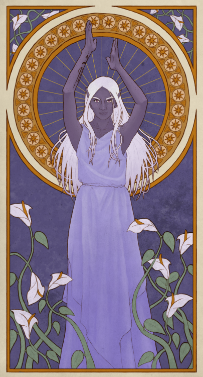 awkwardalpha:Another of the art nouveau pieces! This time it’s @kitteria ‘s drow sorcerer for Baldur