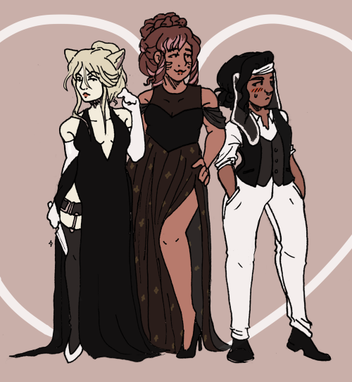 [ID: A Drawing Of Elowen, Anisa, And Tulsi From Last Legacy. Elowen, A Pale-skinned Blonde Woman With