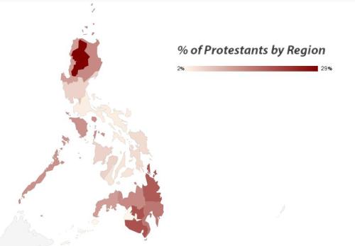 Percentage of Protestants by region in the Philippines.