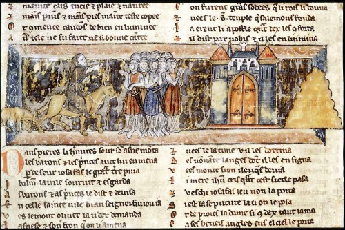 Peter the Hermit and crusaders in the gates of Jerusalem. From the 12th century manuscript Roman du 
