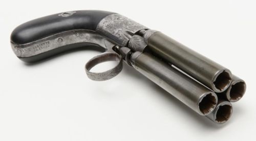 Engraved Mariette pepperbox revolver, originates from Belgium, mid 19th century.