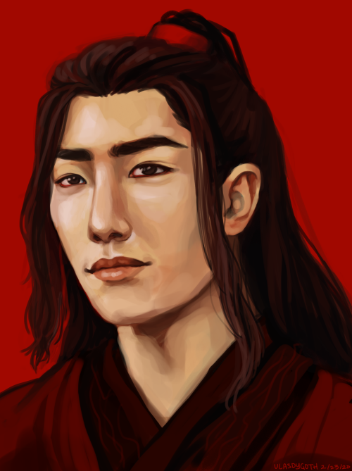 oh wei wuxian we’re really in it now [ID: a digital painting of wei wuxian, an asian man with light 