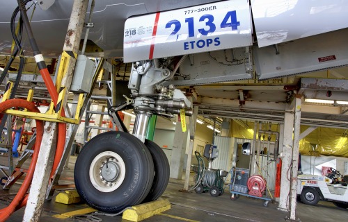 United Airlines 2017 Boeing 777-300ER N2534U c/n 62645 nose gear. San Francisco Airport 2022.