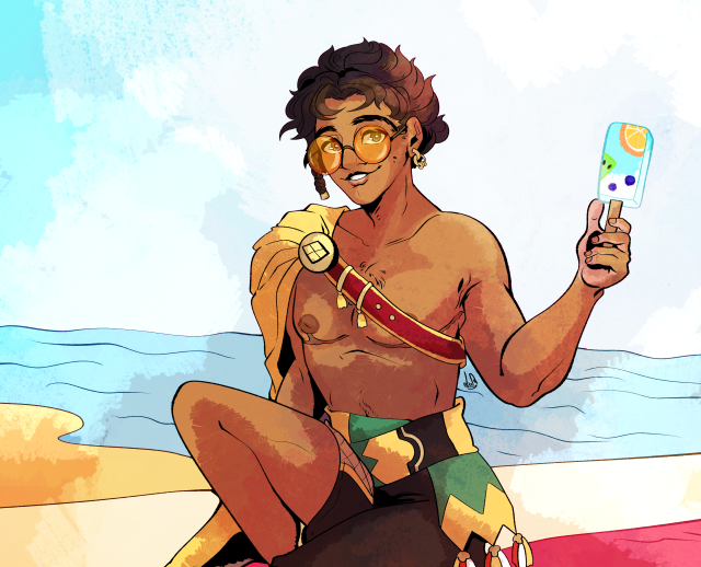 Claude von Riegan's summer alt from Fire Emblem: Heroes. Claude is a young south-east Asian man with brown skin, curly dark brown hair, and dark green eyes. He has a gold earring in his left ear, and a golden hair accessory on the tip of his braid on the right side of him. He is wearing orange-tinted round sunglasses. His swimsuit is black with a yellow accent on the right leg, and around his waist is a sash with yellow, green, and black patterns. He's also wearing a yellow cape strapped over his shoulder by a red and gold belt. In his left hand he holds a popsicle. He has T-anchor top surgery scars. One of his legs is pulled up half to his chest, and the other is off-screen, though it can be seen he's sitting on a red picnic blanket in front of a beach. Claude is smiling, looking at the viewer.
