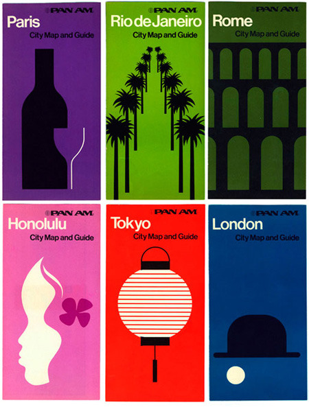 George Tscherny, graphic design for city guides, early 1970s. For Pan Am Airlines. source    