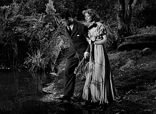 sadrobots:Katharine Hepburn &amp; Cary Grant in Bringing Up Baby (1938) dir. Howard Hawks  