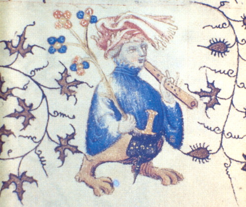 Grotesque flutist.  Illumination from a French manuscript of 1408, now in the Bodleian Library, Oxfo