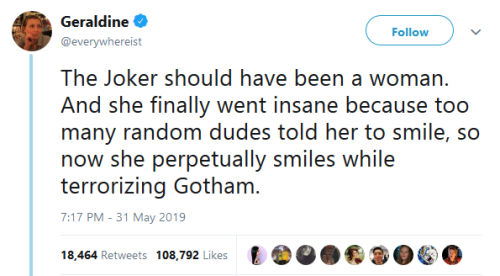 viewtiful-kim:dracusfyre:gahdamnpunk:I would like to see itFinally a fresh fucking take on the Joker