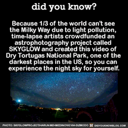 did-you-kno:  Because 1/3 of the world can’t see  the Milky Way due to light pollution,  time-lapse artists crowdfunded an  astrophotography project called  SKYGLOW and created this video of  Dry Tortugas National Park, one of the  darkest places in