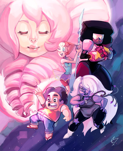 michellepow:  Steven Universe!  Garnet, Amethyst and Pearl AND STEVEN! …..and Rosequartz.  I discovered this show after I got a request on YouTube to draw the crystal gems and now I wait until another season comes out.  Watch me paint this here: 