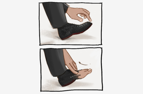 tio-trile: We were talking about the implication in the book where Crowley does not wear shoes and his snakeskin shoes are his feet…and then I said, what if his scales are like those reversible sequin pillows and one side is a shoe and the other side