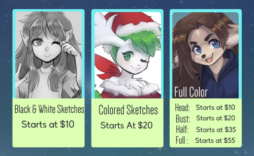 Commissions are open! I have three slots right now! More commission info is here: http://lunaris21.d