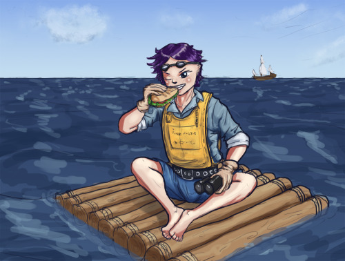 Superpowered girl on a raft eating a sandwich.