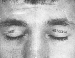 nokillnothrill: Prison Tattoo “Не буди” (Russian) or Don’t Wake Me Up In Russia “don’t wake me up” on eyes means that the owner of this tattoo is so dangerous that he shouldn’t be waken up or even touched by other inmates. To make
