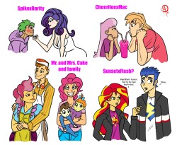 chillguydraws: Love is in the air. What? Just because it’s not February I can’t post lovey-dovey stuff? Boo on you. Anyway here’s some fun ships and couples from the MLP-verse. I’m not big on shipping but some are pretty cute.  my sunset &lt;3