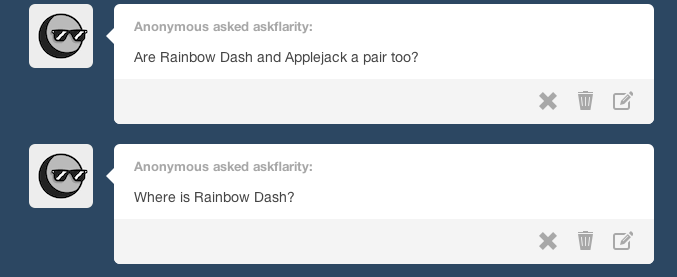 askflarity:  Rarity: No, I havent seen Rainbow recently.  x3 D'aww~ Flutters lookin&rsquo;