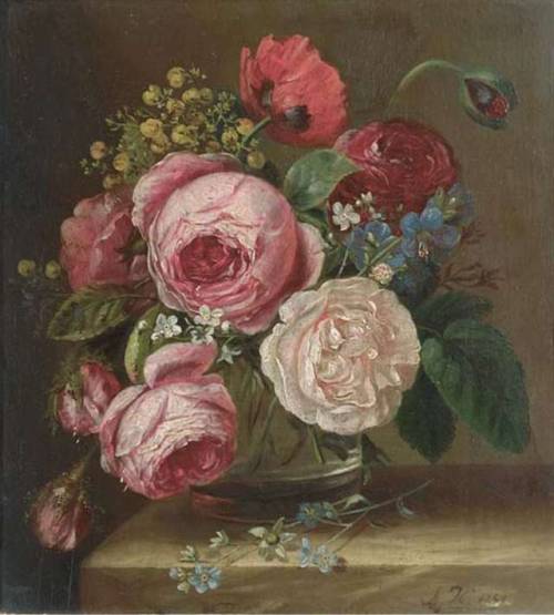 Adriana Johanna Haanen (1814–1895)Roses, poppy and forget-me-not in glass vase, 1849