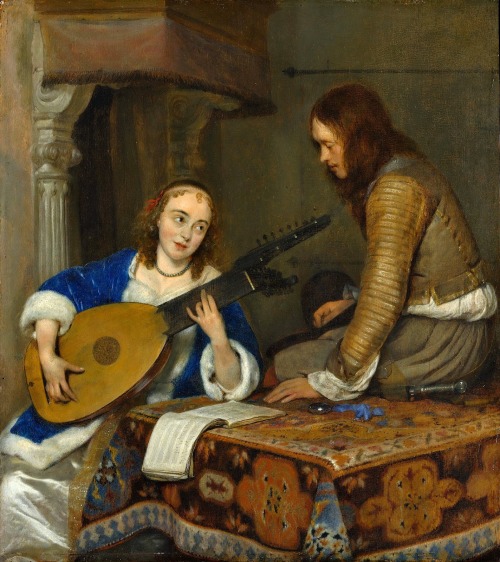 A Woman Playing the Theorbo-Lute and a Cavalier (ca. 1658). Gerard ter Borch (Dutch, 1617&ndash