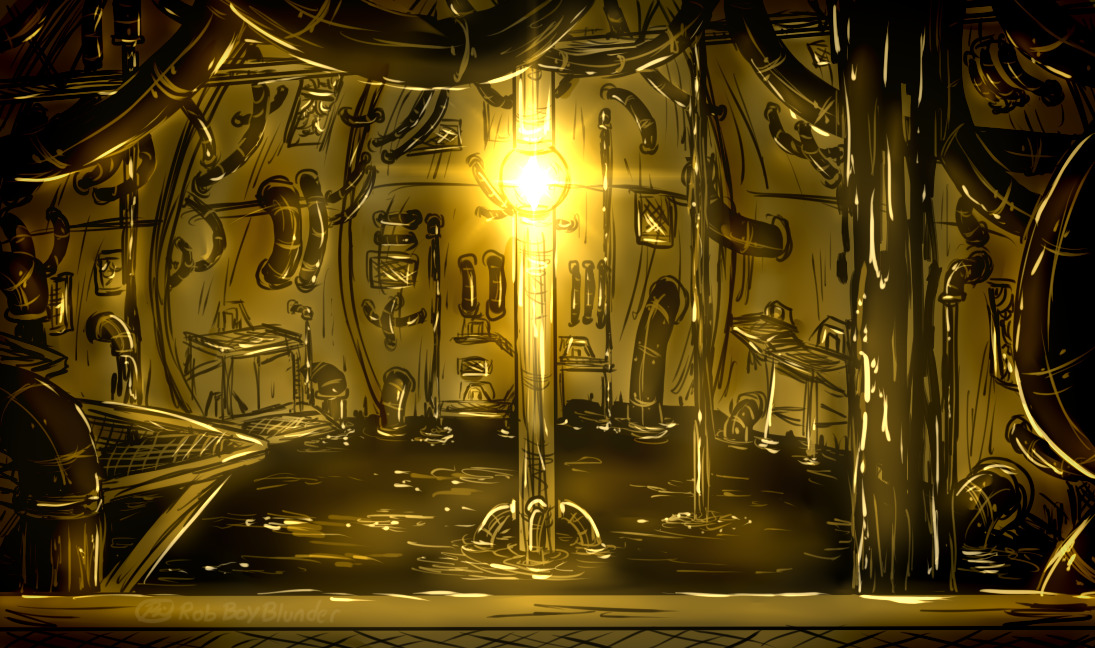 A glowing room with a bright light in the middle on a pillar in a pool of ink. There are pipes all over, some pouring ink into the room while most disappear into the walls to somewhere else. one catwalk is view near the ceiling, the walls curved in the shape of a clementine. There are gear panels and grates as well as raised platforms around the walls with small doorways leading out of the room.