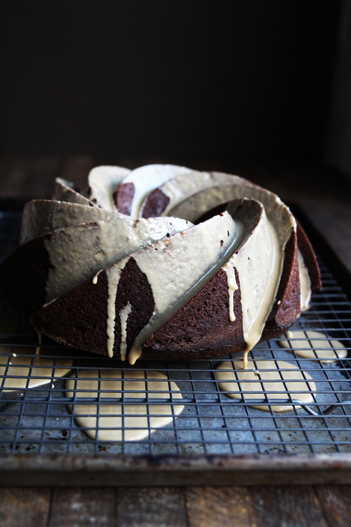 gingerbread bundt cake with coffee cardamom glaze