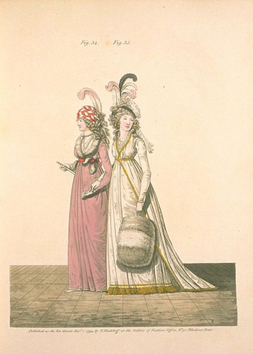 Gallery of Fashion December 1794. Robe à la Turque. Evening dresses. FIG. XXXIV. HEAD-DRESS. The hai