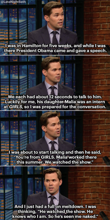 latenightseth:  Andrew Rannells had an uncomfortable realization while meeting President Obama at Hamilton. 