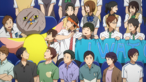 naruto-heichou:  I would like to point out that whoever is wearing the Iwatobi-chan mascot suit  literally does not give a fuck look at all their faces, he just walked in and sat the fuck down on that guys lap   &ldquo;please god no&rdquo; 