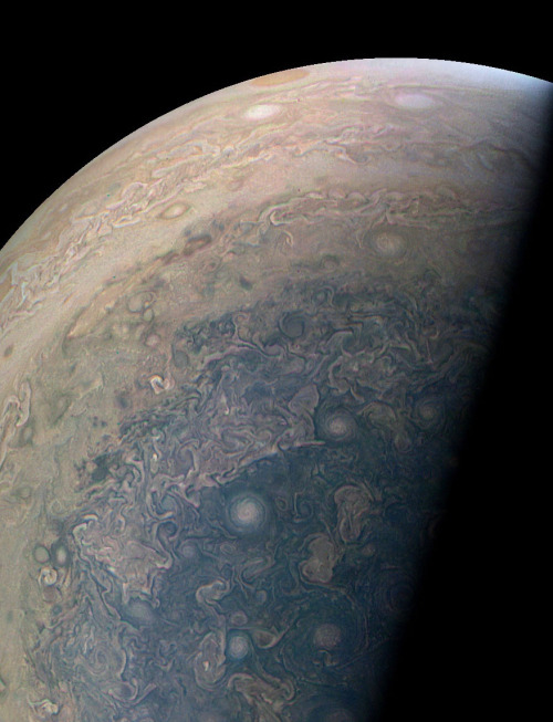 humanoidhistory:A swirling cloudscape on southern Jupiter, observed by the Juno space probe.(NASA/AP