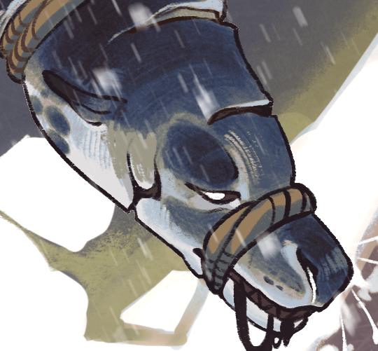 Detail shot from the previous image. This one shows the creature's head up close. He is gazing out at the viewer wearily, and grimacing against the ropes binding his muzzle. His teeth are black.