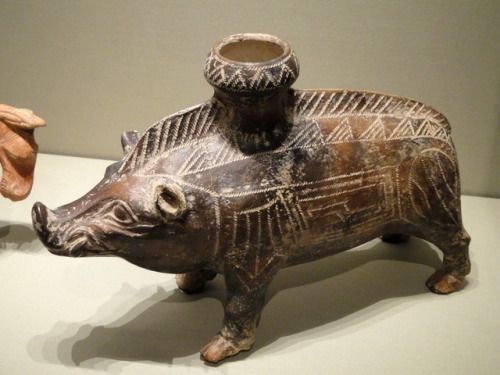 Etruscan ceramic vessel in the shape of a boar.  Artist unknown; ca. 600-500 BCE.  Now in the Clevel