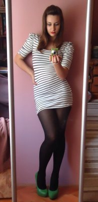 Tightsobsession:  Tight Mini Dress With Tights And Heels.