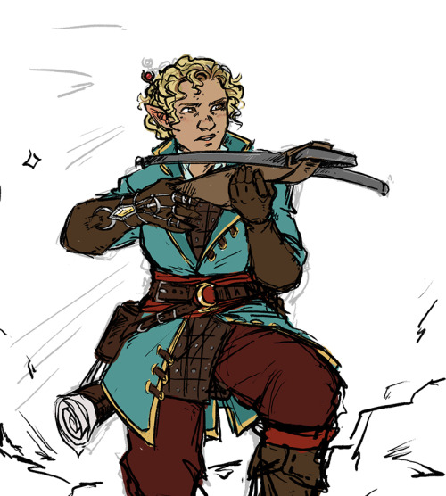 [ID: two digital drawings of the same d&d character. she has curly blonde hair, light tan skin a