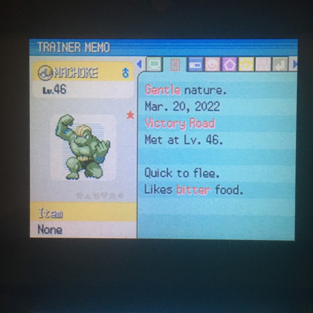 the shiny machoke's summary page. he is gentle nature, and caught on victory road at level 46