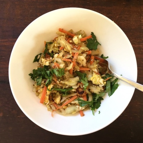 Cabbage, carrot, spring onion + egg stir fried in coconut oil, with ginger, kelp flakes, coconut ami