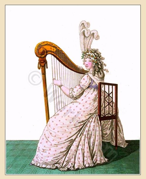 Heideloff`s Gallery of Fashion April 1795. England Morning Dress. The hair dressed. in small curls a