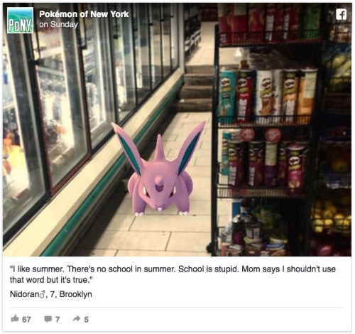 dailydot:  Pokémon of New York perfectly captures life in the big cityPhotographer David Wardell has been inspired by the recent launch of Pokémon Go to talk to some of New York’s pocket monsters and hear what they have to say about life in the big