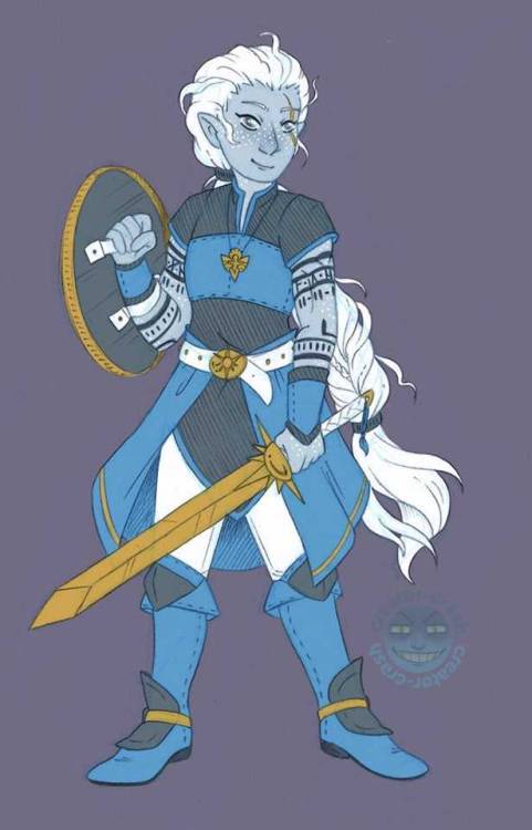 Eirwen, a (seemingly) very sweet Vengeance Paladin Aasimar character design for a DnD game