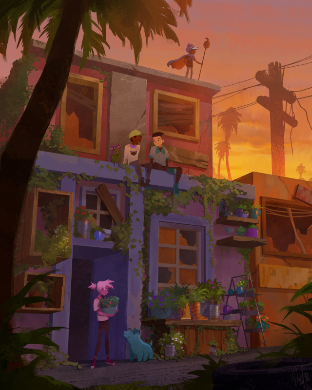 Kipo & friends watch the sunset from a flower shop