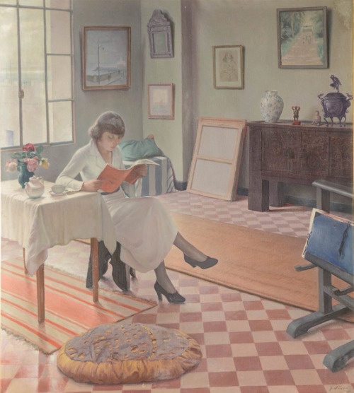 Girl reading in an interior    -   Gustave Lino, 1933.French, 1893–1961Oil on canvas, 200,5 x 181 cm