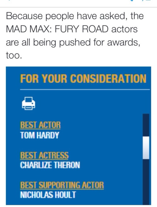 gardeniaaxx:  Prayer Circle  Mad Max for Oscar 🙏🏻 
