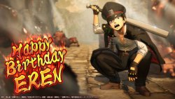 snknews: KOEI TECMO Celebrates Eren’s Birthday KOEI TECMO, maker of the Shingeki no Kyojin video games, tweeted the above edit of Eren for his birthday! The image is of Delinquent!Eren, as seen in the SnK 2 video game’s DLC content. Related News: