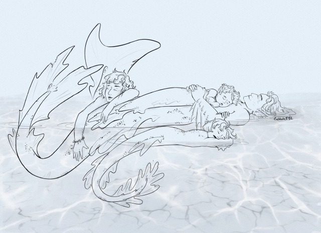 a digital line drawing of four mermaids. the largest one floats in the center, with one child sized mermaid sleeping on his chest, a second teenage sized mermaid clutching his upper arm as she sleeps with her head pillowed on her other arm, and a smaller, also adult sized mermaid resting their chin on the center mermaids tail with his hands laying across the tail. 