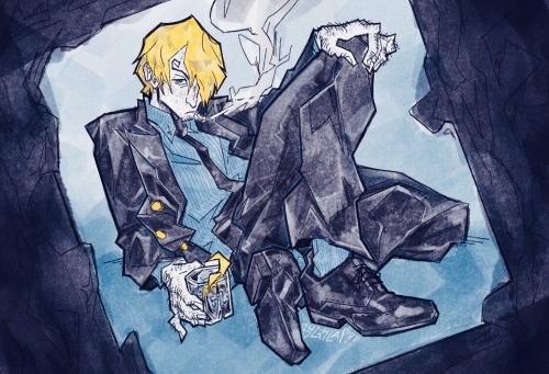 a textured drawing of Sanji from one piece pre timeskip. he is sitting on the floor, leaning backwards onto his elbow with his legs crossed in front of him. his suit jacket is unbuttoned to show his striped blue shirt. he has a glass of what appears to be scotch in his right hand. his left hand is resting on his right knee. he is smoking a cigarette and looking slightly towards the camera. the whole of the composition is framed by a dark box vaguely resembling billowing smoke from his cigarette