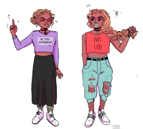 cute-cartoons-and-coffee-stains:Fashion twins! ✨✨ [image description: a drawing of Taako and Lup sta