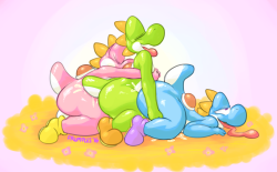 fluffyfrumples:  Yoshis, doing what yoshis do best   [Commission Info!]    