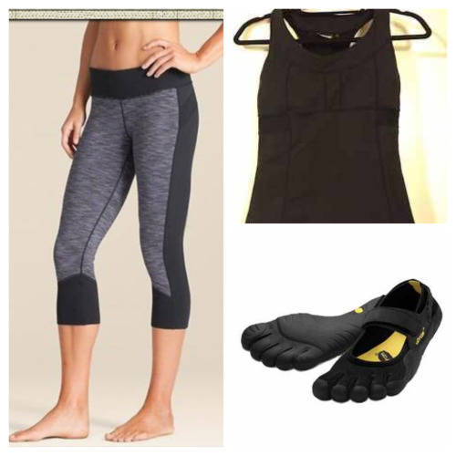 Day 2 workout outfit!Capri: Tangrams @AthletaTop: Pr Tank @AthletaShoes: Vibram five Fingers &ldquo;