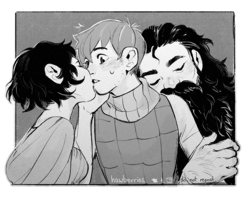a greyscale drawing with a similar composition to the promotional photo of Anne Hathaway's Twelfth Night, of Chilchuck with his wife on one side and Senshi on the other. His wife is kissing him, one hand cupped on his cheek, while Senshi leans serenely on his shoulder. Caught in the middle, Chilchuck looks extremely flustered.